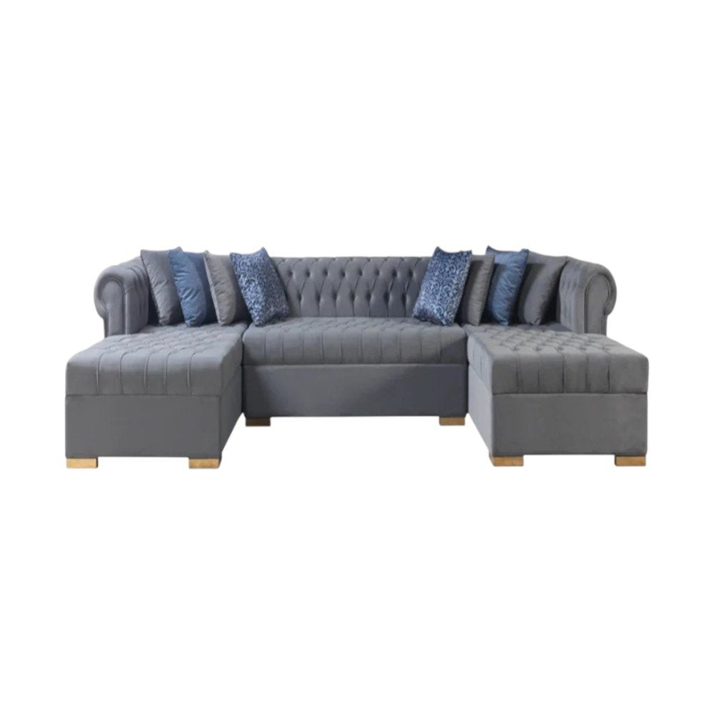 Gray Velvet U Shaped Three Piece Sofa and Chaise Sectional With Toss Pillows