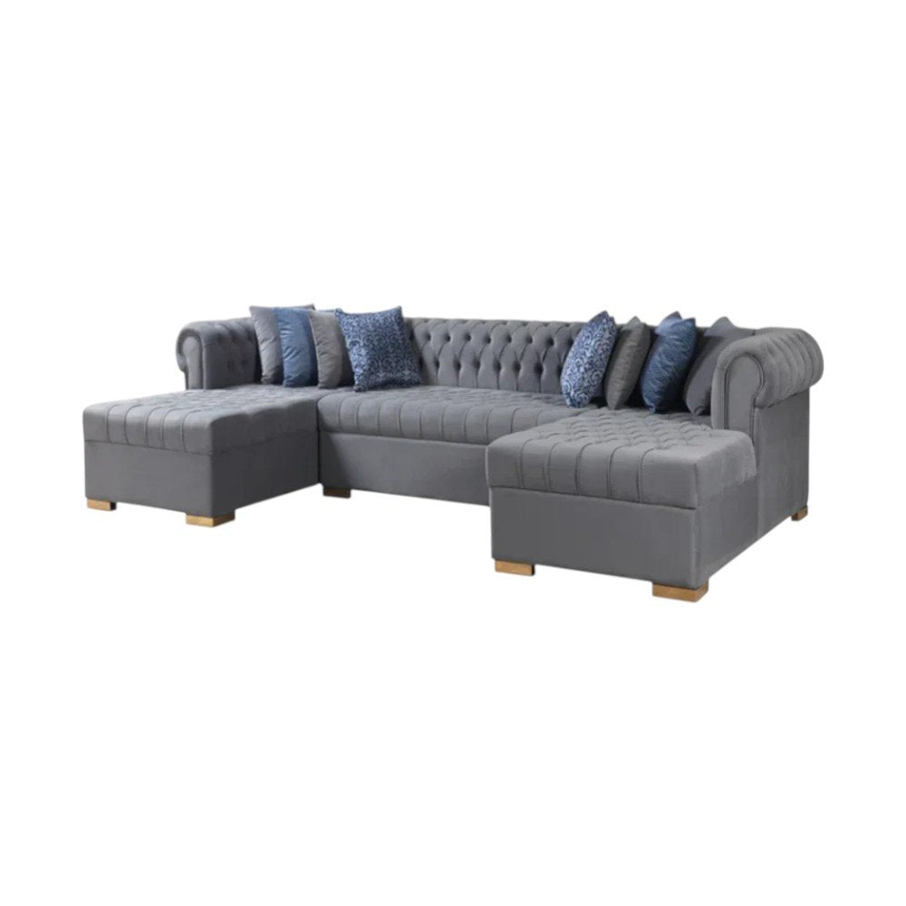 Gray Velvet U Shaped Three Piece Sofa and Chaise Sectional With Toss Pillows