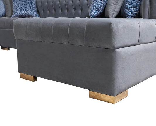 Gray Velvet U Shaped Three Piece Sofa and Chaise Sectional With Toss Pillows
