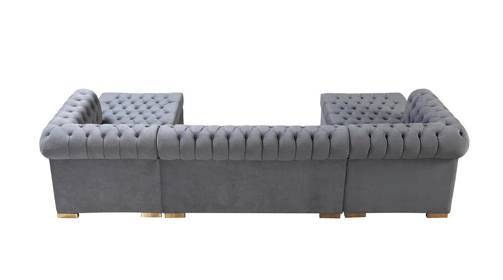 Gray Velvet U Shaped Three Piece Sofa and Chaise Sectional With Toss Pillows