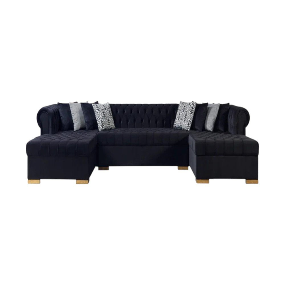 Black Velvet U Shaped Three Piece Sofa and Chaise Sectional With Toss Pillows