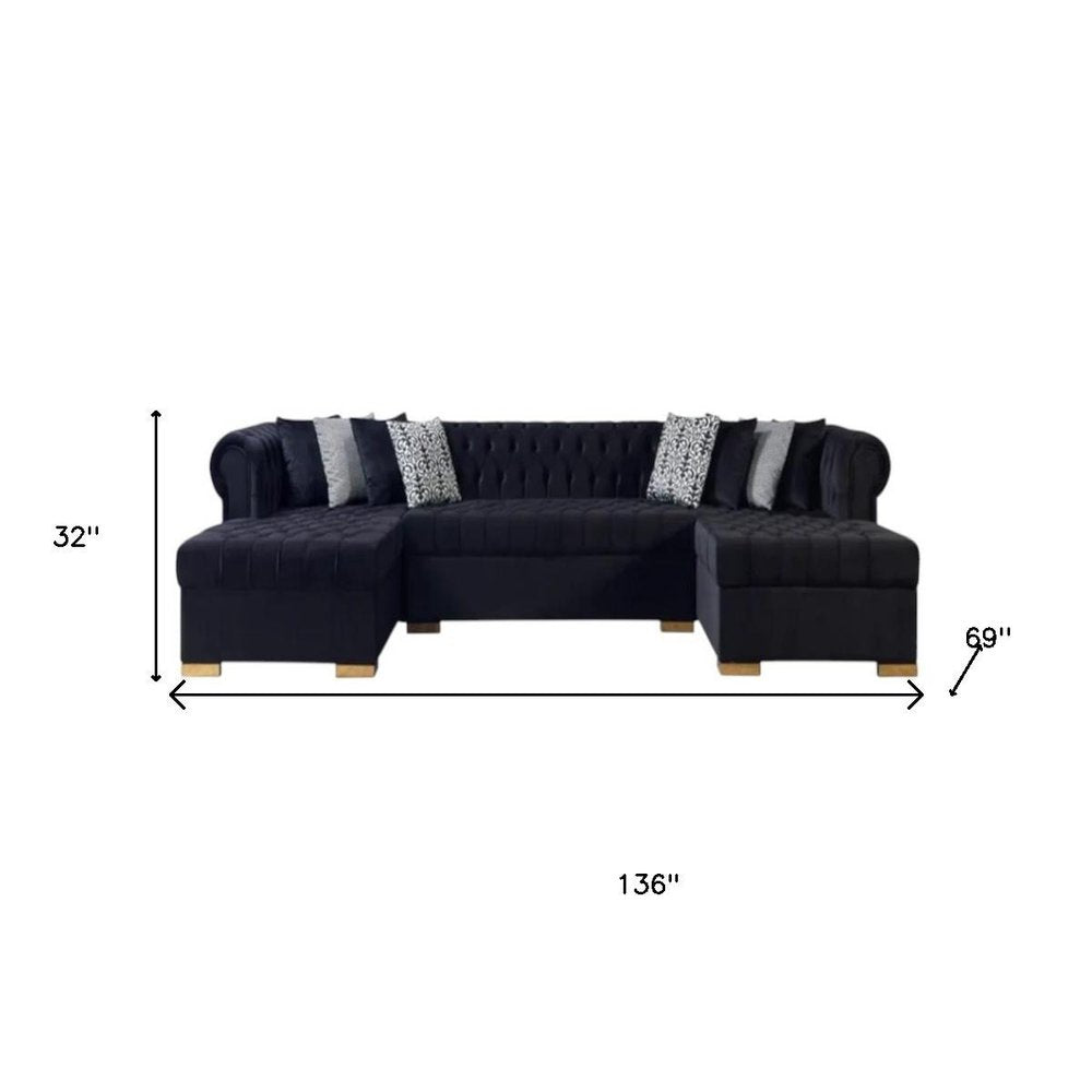 Black Velvet U Shaped Three Piece Sofa and Chaise Sectional With Toss Pillows