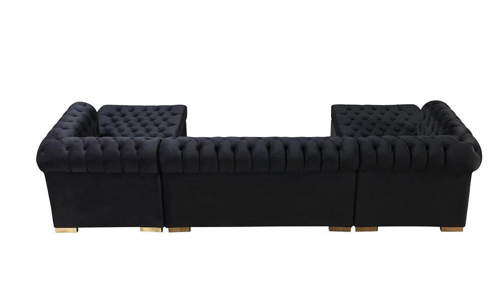 Black Velvet U Shaped Three Piece Sofa and Chaise Sectional With Toss Pillows