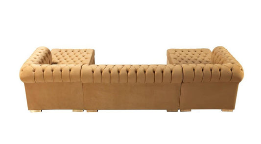 Mustard Velvet U Shaped Three Piece Sofa and Chaise Sectional With Toss Pillows