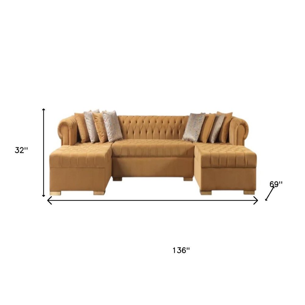 Mustard Velvet U Shaped Three Piece Sofa and Chaise Sectional With Toss Pillows