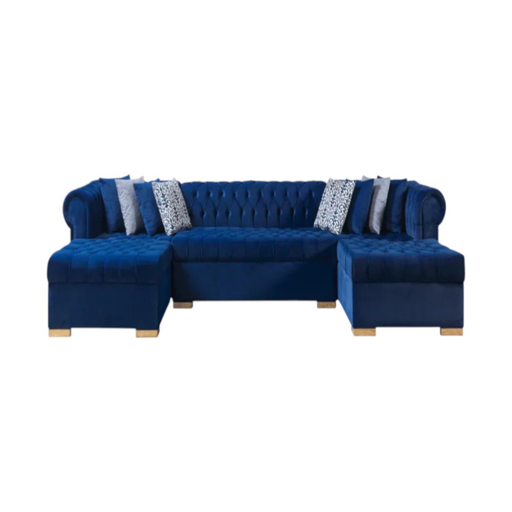 Blue Velvet U Shaped Three Piece Sofa and Chaise Sectional With Toss Pillows