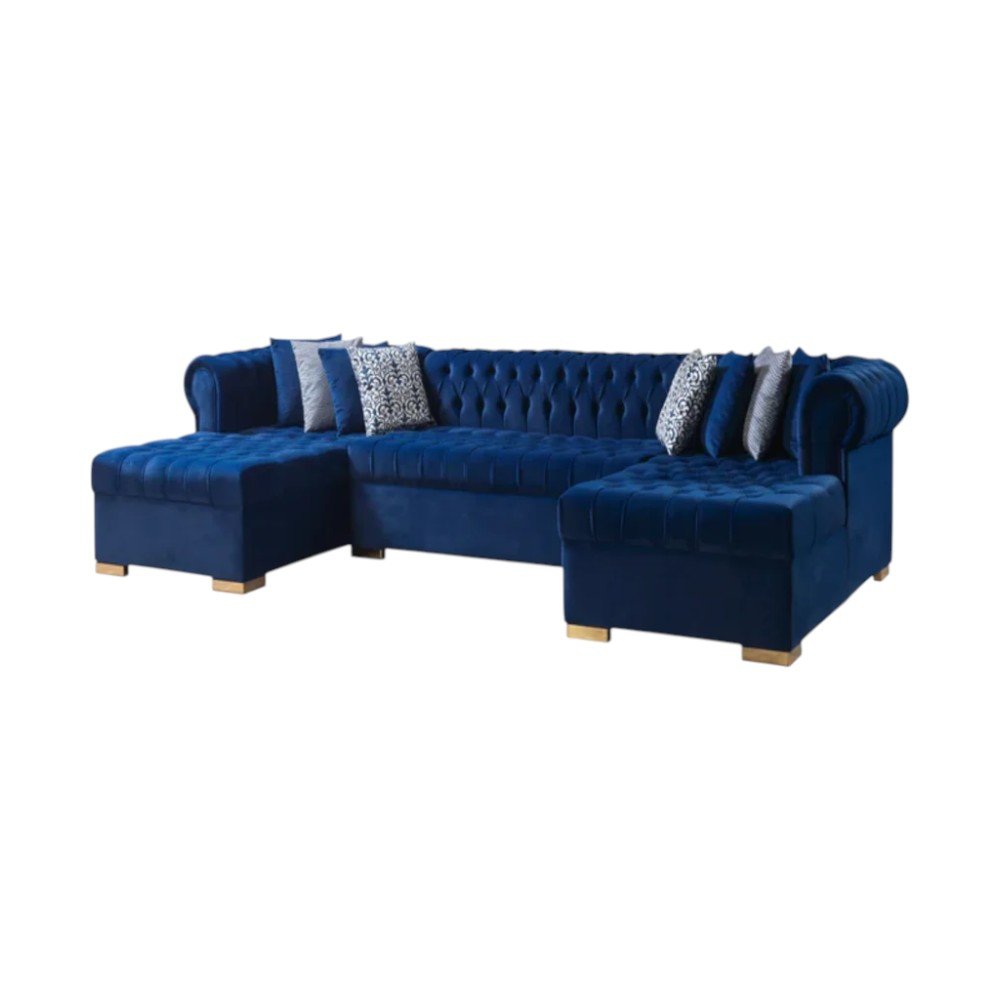 Blue Velvet U Shaped Three Piece Sofa and Chaise Sectional With Toss Pillows