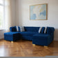 Blue Velvet U Shaped Three Piece Sofa and Chaise Sectional With Toss Pillows