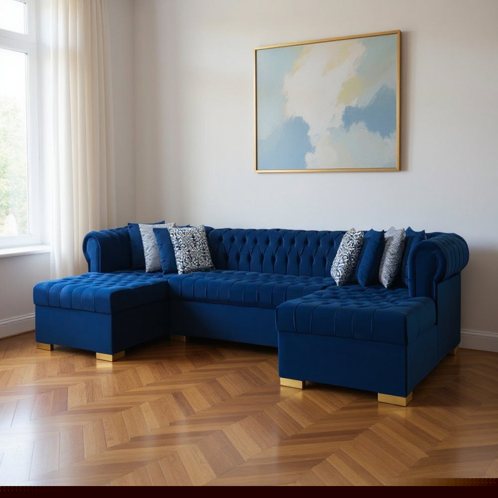 Blue Velvet U Shaped Three Piece Sofa and Chaise Sectional With Toss Pillows