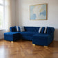 Blue Velvet U Shaped Three Piece Sofa and Chaise Sectional With Toss Pillows