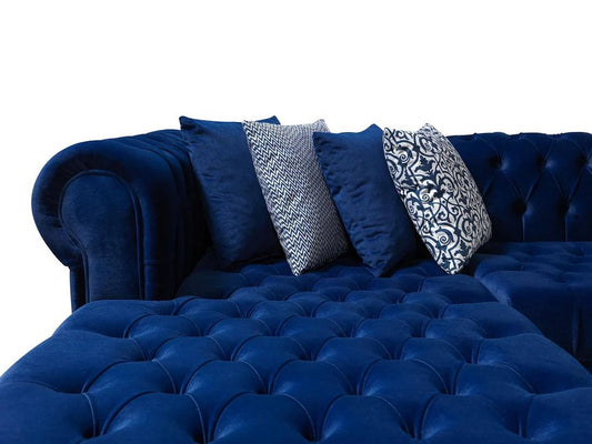 Blue Velvet U Shaped Three Piece Sofa and Chaise Sectional With Toss Pillows