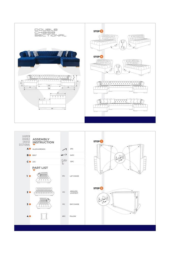 Blue Velvet U Shaped Three Piece Sofa and Chaise Sectional With Toss Pillows