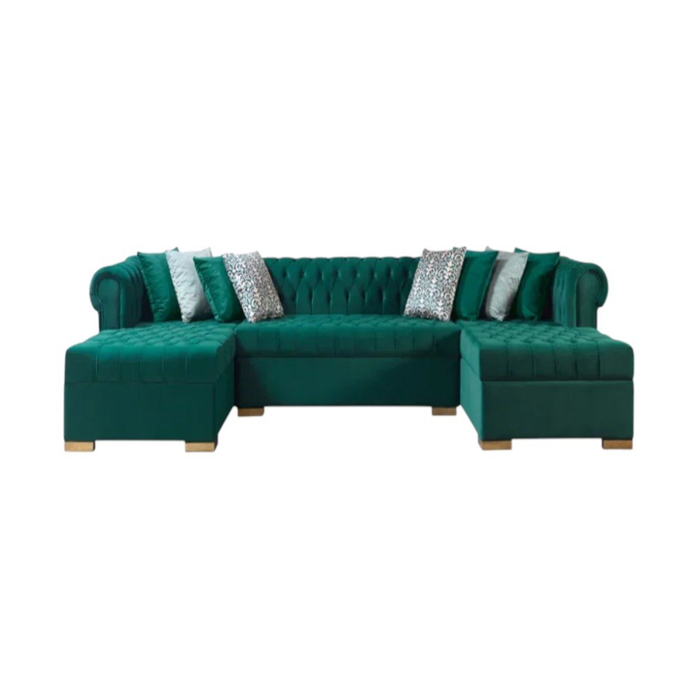 Green Velvet U Shaped Three Piece Sofa and Chaise Sectional With Toss Pillows