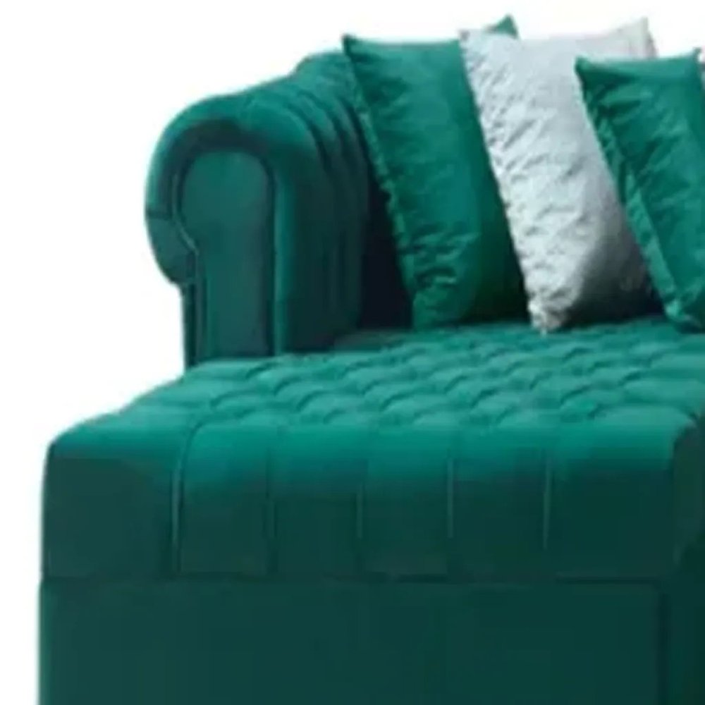 Green Velvet U Shaped Three Piece Sofa and Chaise Sectional With Toss Pillows
