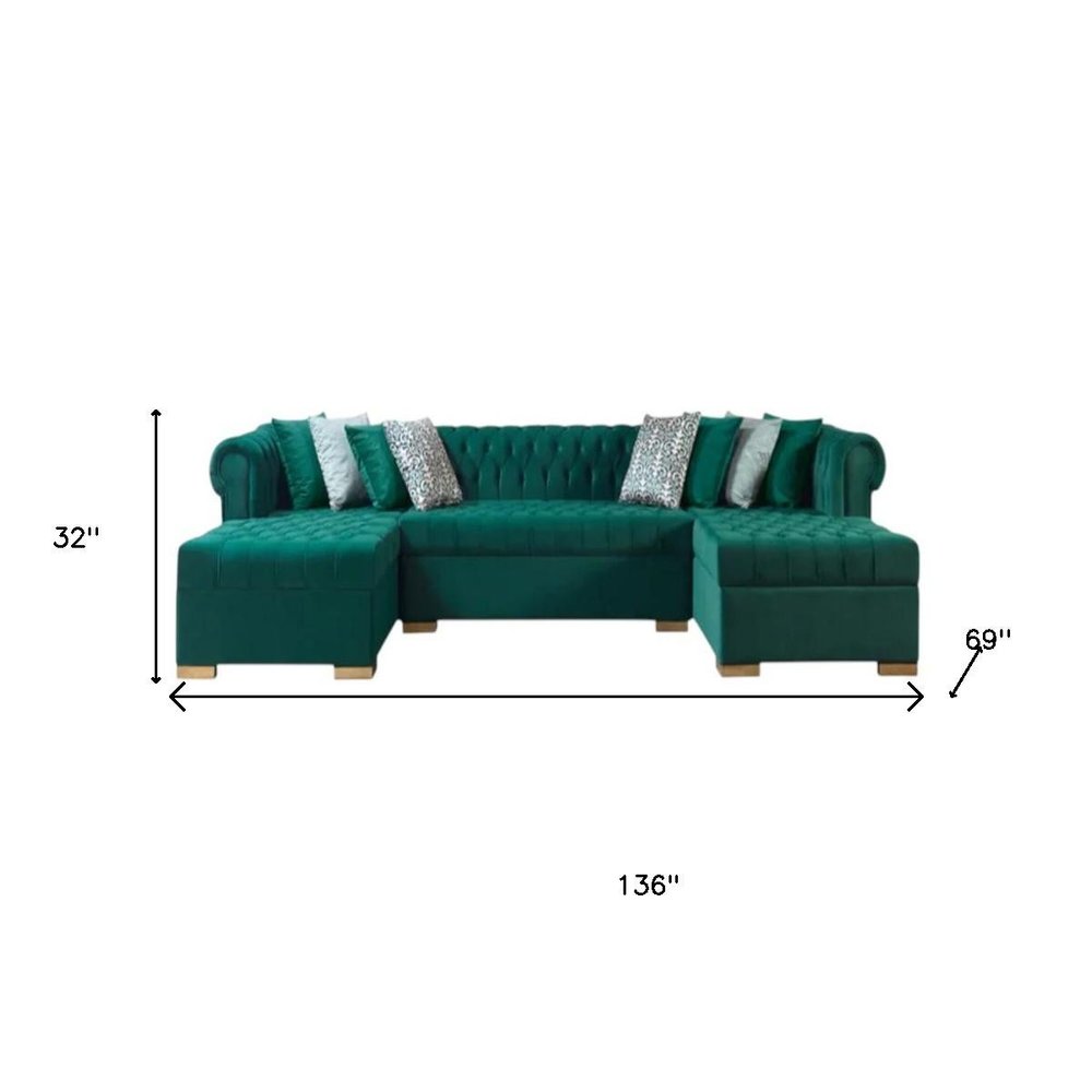 Green Velvet U Shaped Three Piece Sofa and Chaise Sectional With Toss Pillows