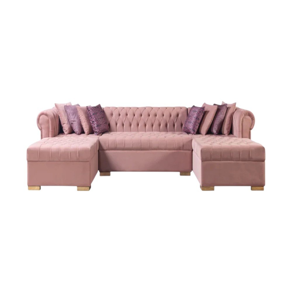 Pink Velvet U Shaped Three Piece Sofa and Chaise Sectional With Toss Pillows