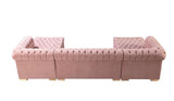 Pink Velvet U Shaped Three Piece Sofa and Chaise Sectional With Toss Pillows