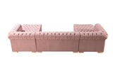 Pink Velvet U Shaped Three Piece Sofa and Chaise Sectional With Toss Pillows