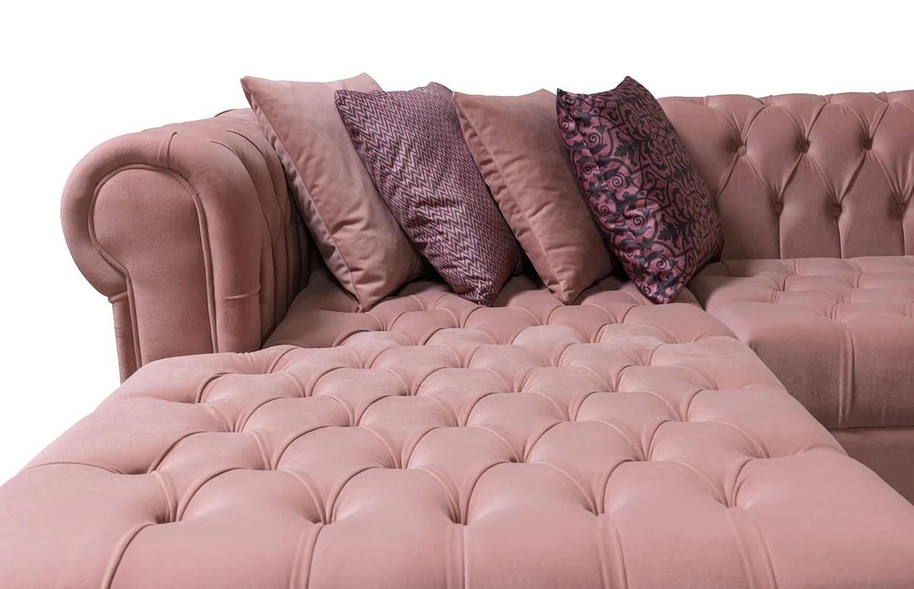 Pink Velvet U Shaped Three Piece Sofa and Chaise Sectional With Toss Pillows