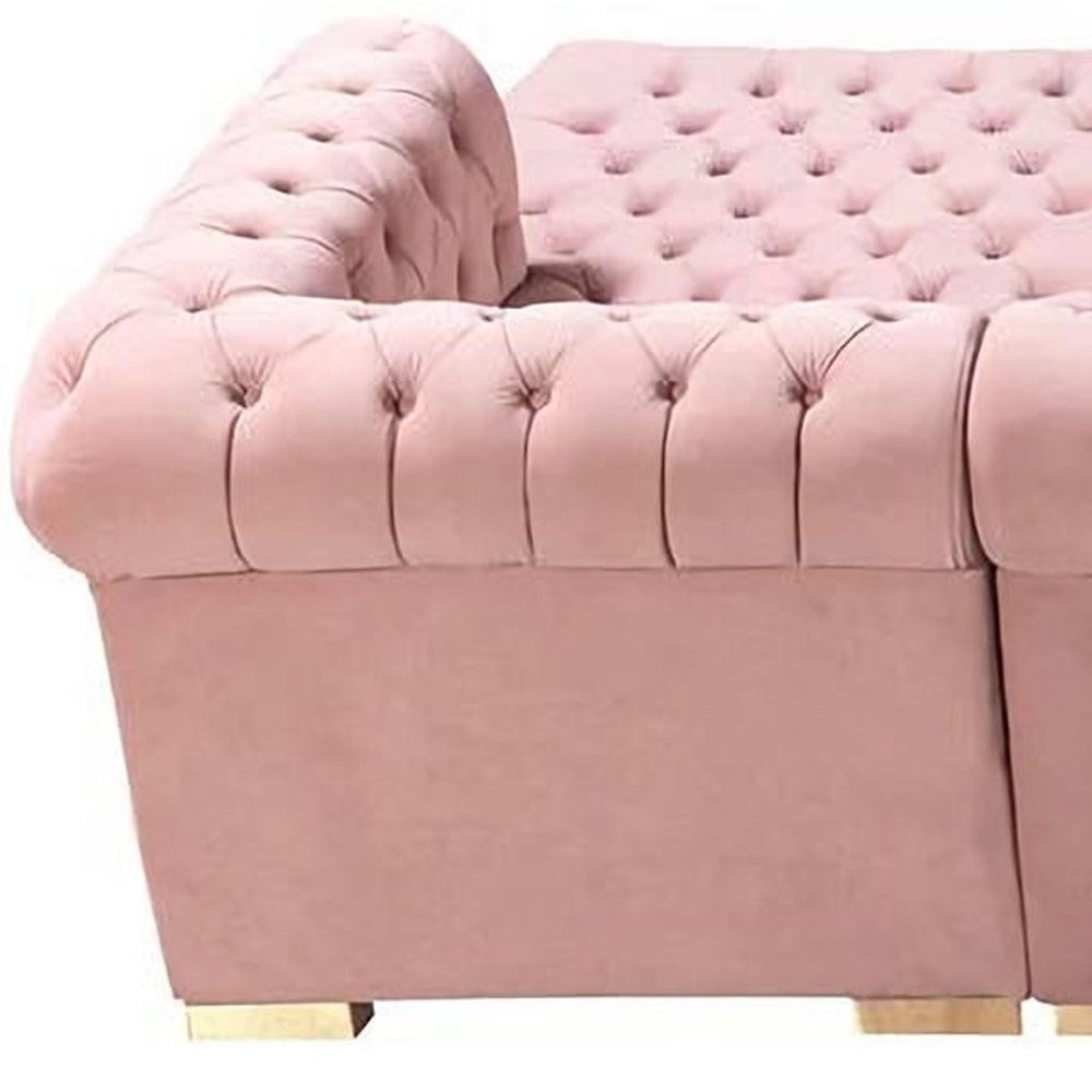 Pink Velvet U Shaped Three Piece Sofa and Chaise Sectional With Toss Pillows