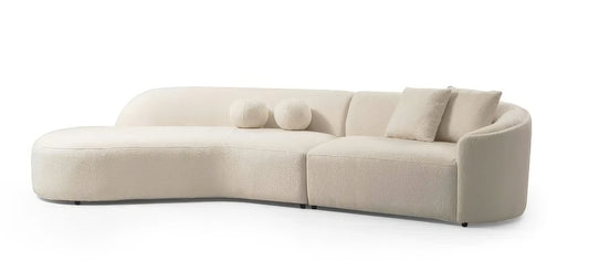 Ivory Boucle Modular Curved Two Piece Sofa and Chaise Sectional With Toss Pillows