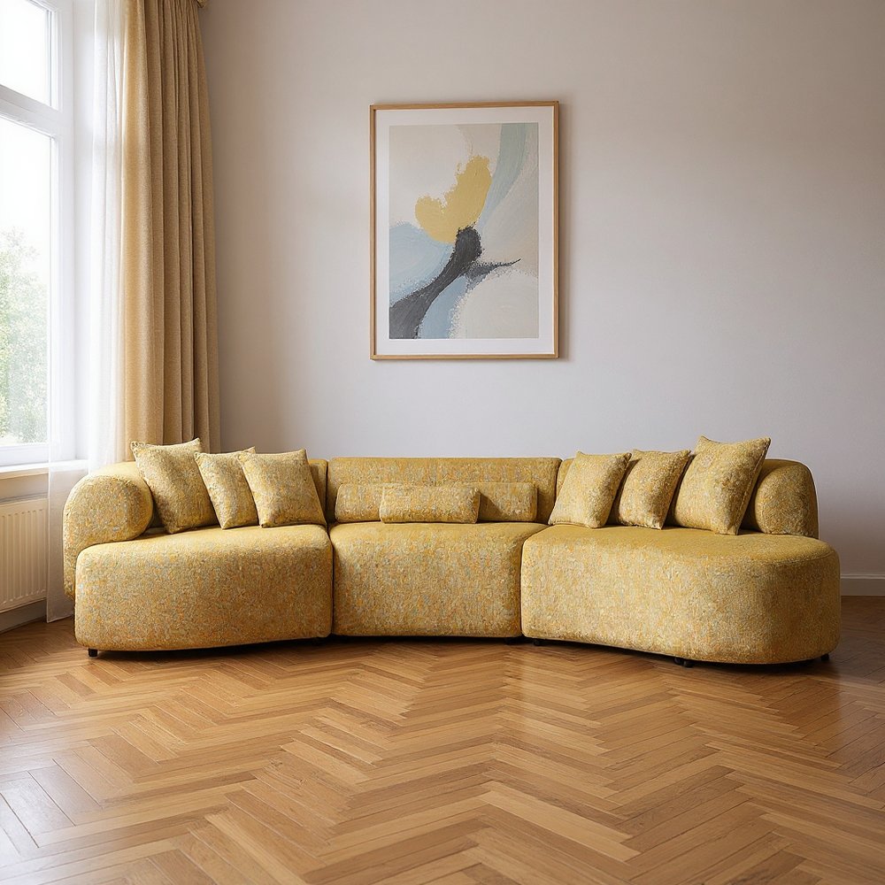 Mustard Boucle Modular Curved Three Piece Sectional With Toss Pillows
