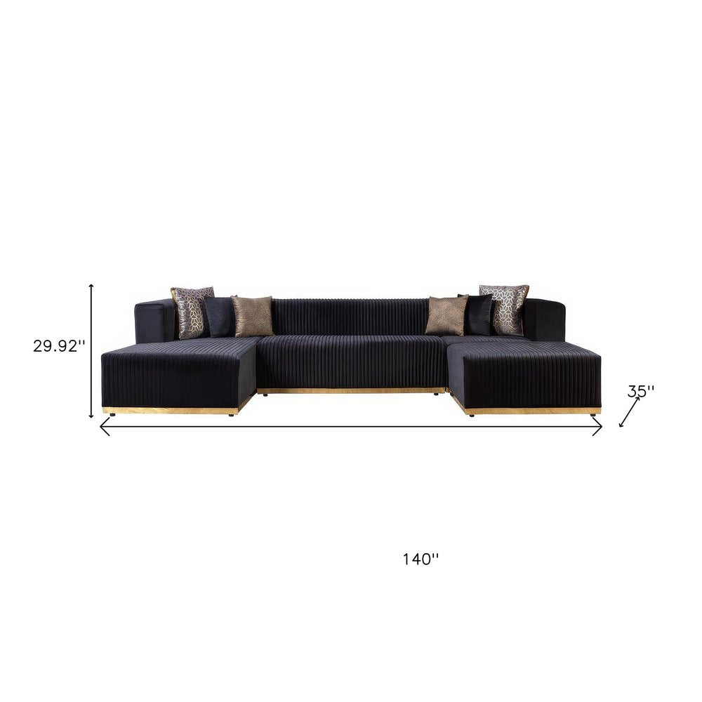 Black Velvet Modular U Shaped Four Piece Sofa and Chaise Sectional With Toss Pillows