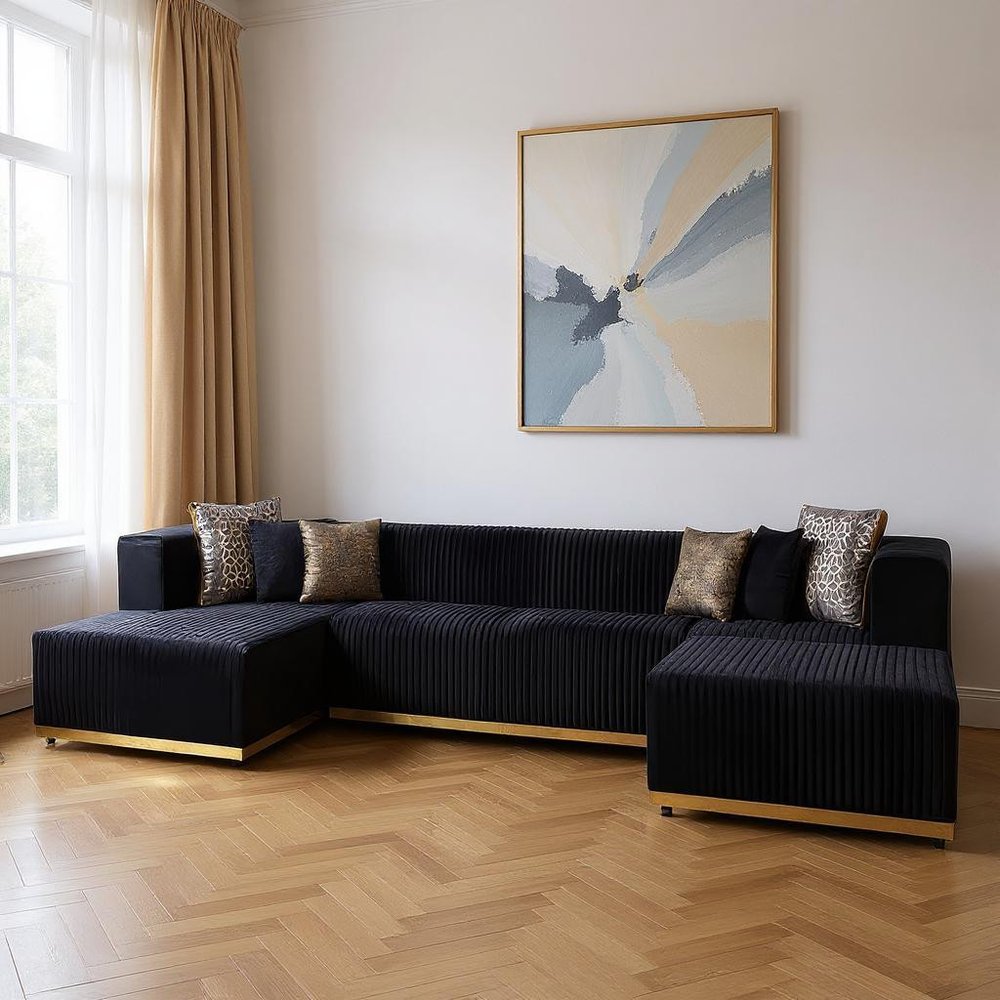 Black Velvet Modular U Shaped Four Piece Sofa and Chaise Sectional With Toss Pillows