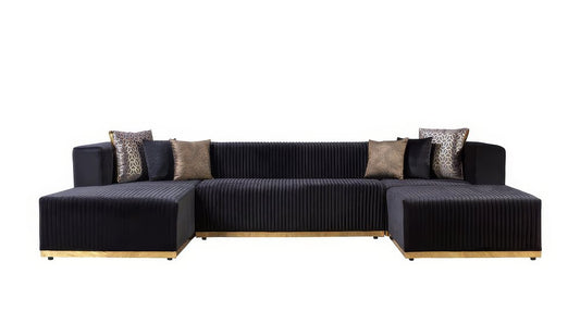 Black Velvet Modular U Shaped Four Piece Sofa and Chaise Sectional With Toss Pillows