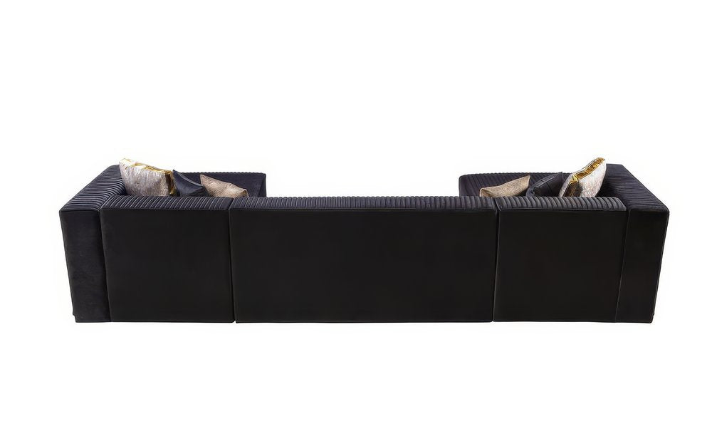 Black Velvet Modular U Shaped Four Piece Sofa and Chaise Sectional With Toss Pillows