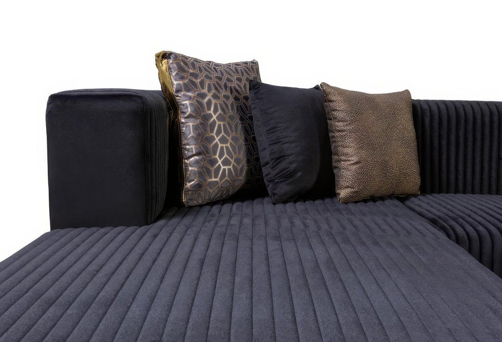Black Velvet Modular U Shaped Four Piece Sofa and Chaise Sectional With Toss Pillows