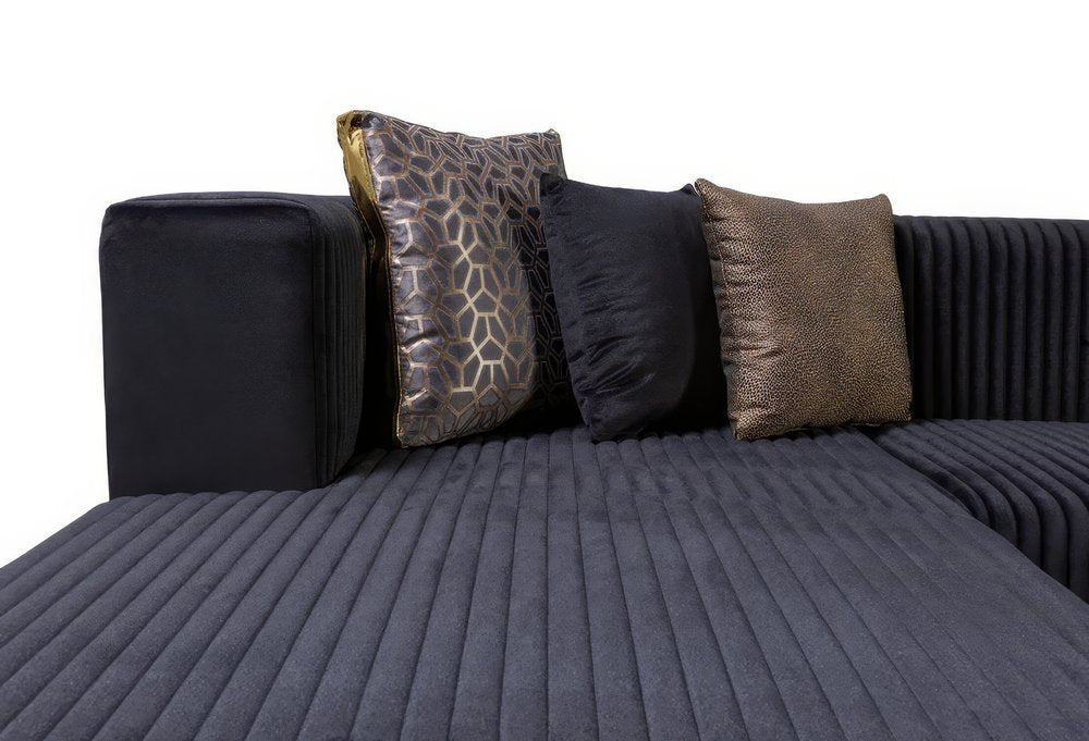 Black Velvet Modular U Shaped Four Piece Sofa and Chaise Sectional With Toss Pillows