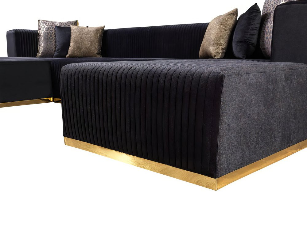 Black Velvet Modular U Shaped Four Piece Sofa and Chaise Sectional With Toss Pillows