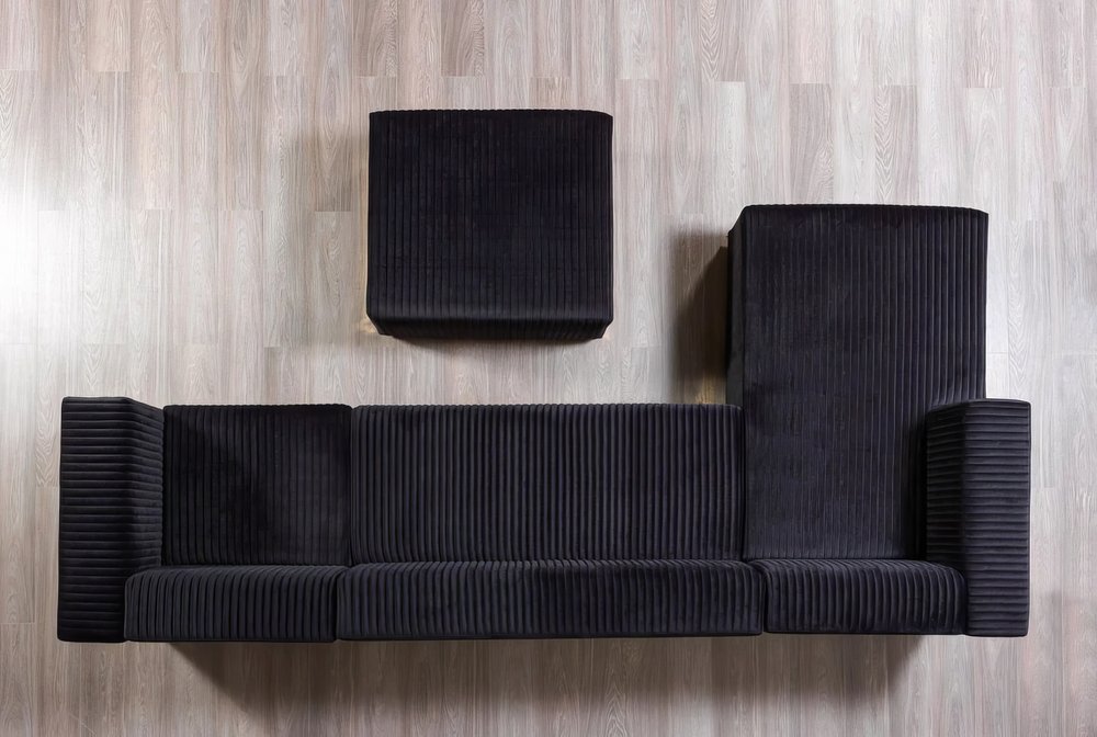 Black Velvet Modular U Shaped Four Piece Sofa and Chaise Sectional With Toss Pillows