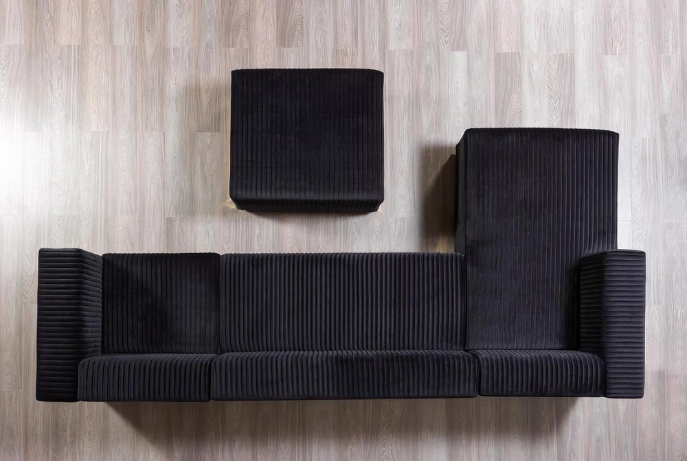 Black Velvet Modular U Shaped Four Piece Sofa and Chaise Sectional With Toss Pillows