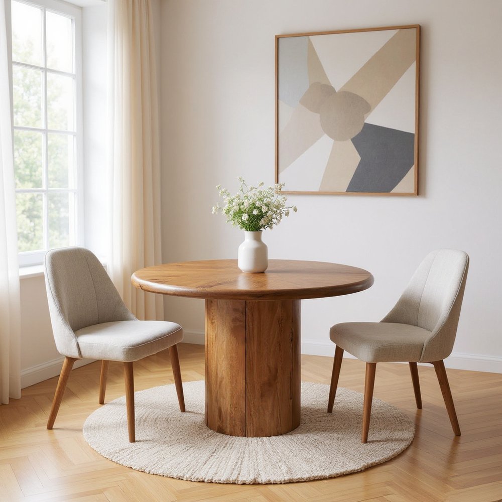 48" Brown Solid Wood Pedestal Base Round Top Dining Table