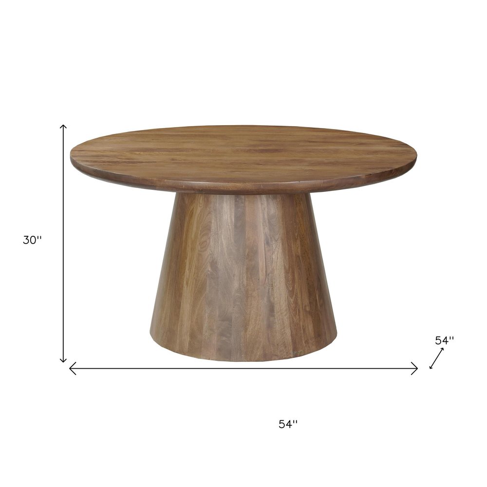 54" Brown Solid Wood Pedestal Base Round Top Dining Table