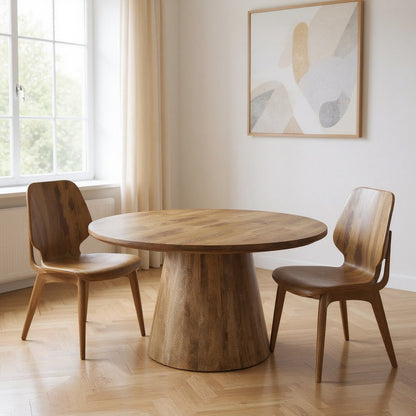 54" Brown Solid Wood Pedestal Base Round Top Dining Table