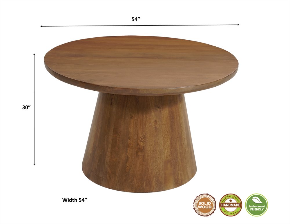 54" Brown Solid Wood Pedestal Base Round Top Dining Table