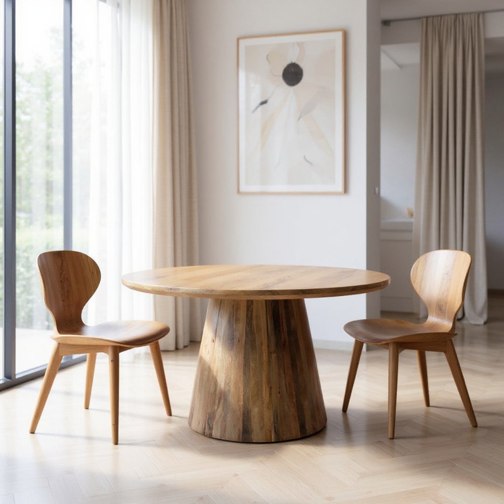 54" Natural Solid Wood Pedestal Base Round Top Dining Table