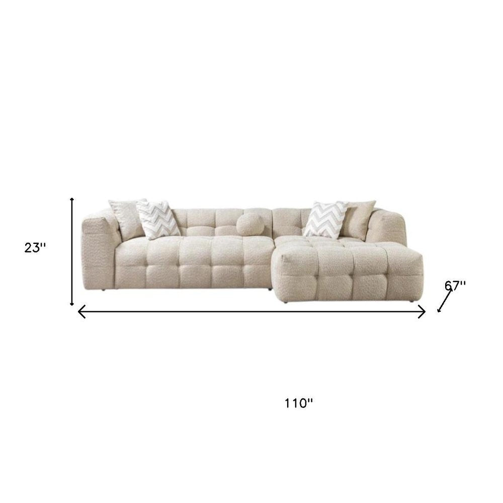 Ivory Boucle L Shaped Two Piece Sofa and Chaise Sectional With Toss Pillows