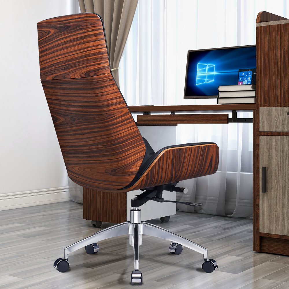 Black Rosewood and Silver Adjustable Height Swivel Rolling Executive Office Chair