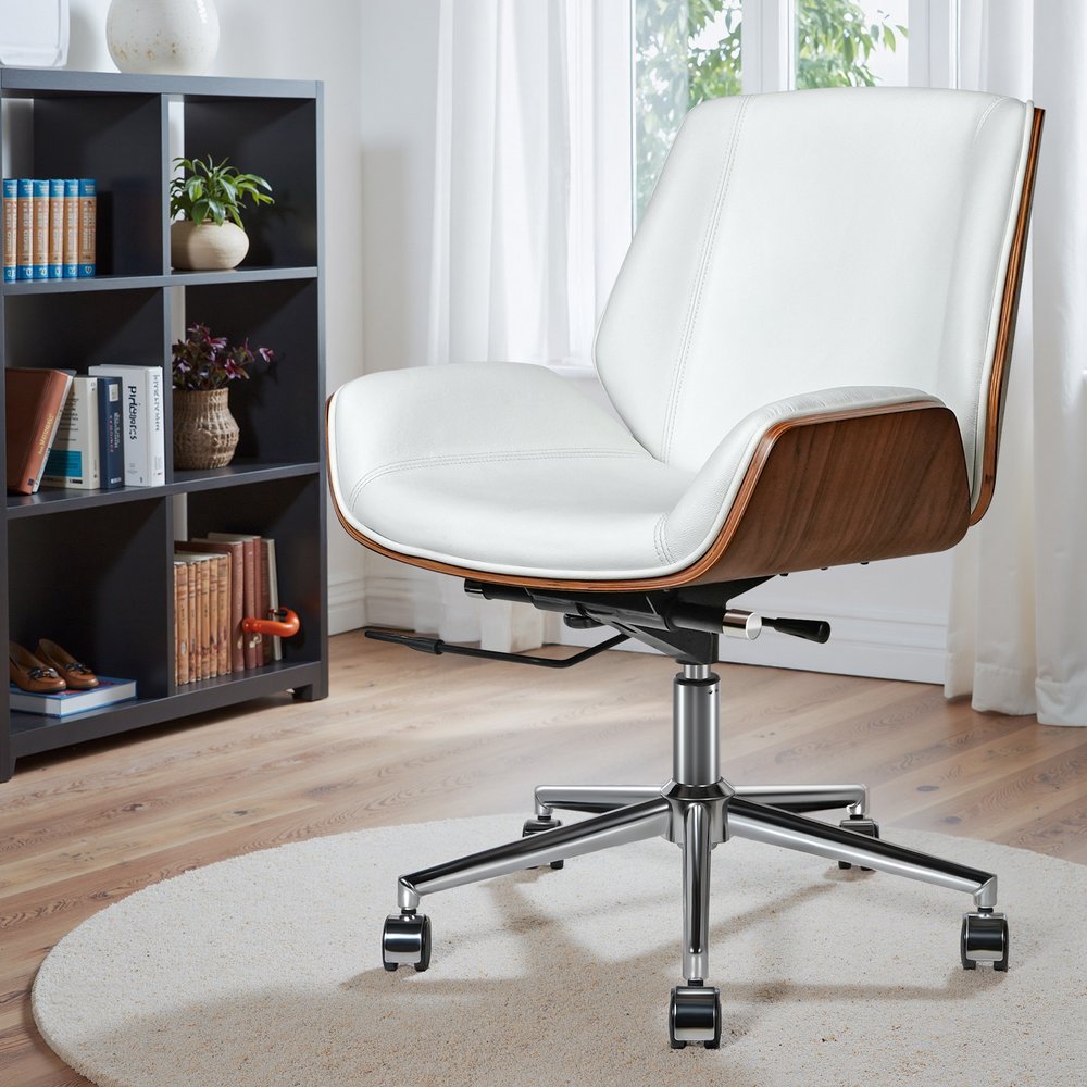 White Silver and Walnut Adjustable Height Swivel Rolling Conference Office Chair