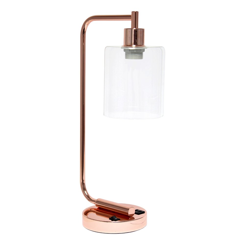 19" Rose Gold Iron Lantern USB Table Lamp LED With Clear Cylinder Shade