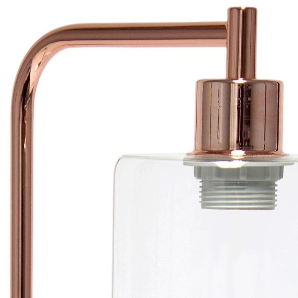 19" Rose Gold Iron Lantern USB Table Lamp LED With Clear Cylinder Shade