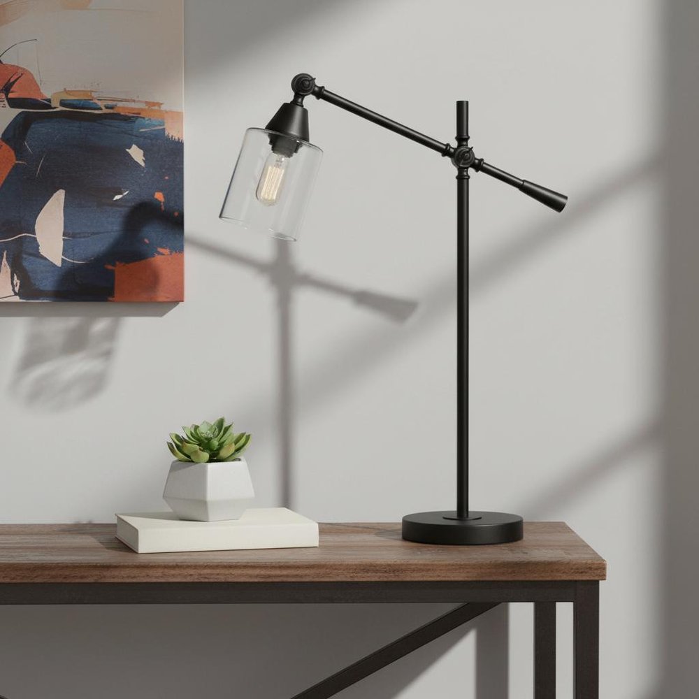 28" Black Metal Table Lamp With Clear Cylinder Shade