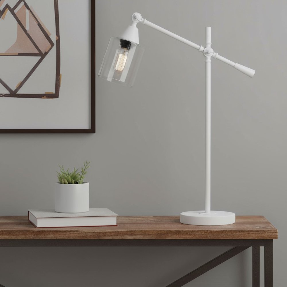 28" White Metal Table Lamp With Clear Cylinder Shade