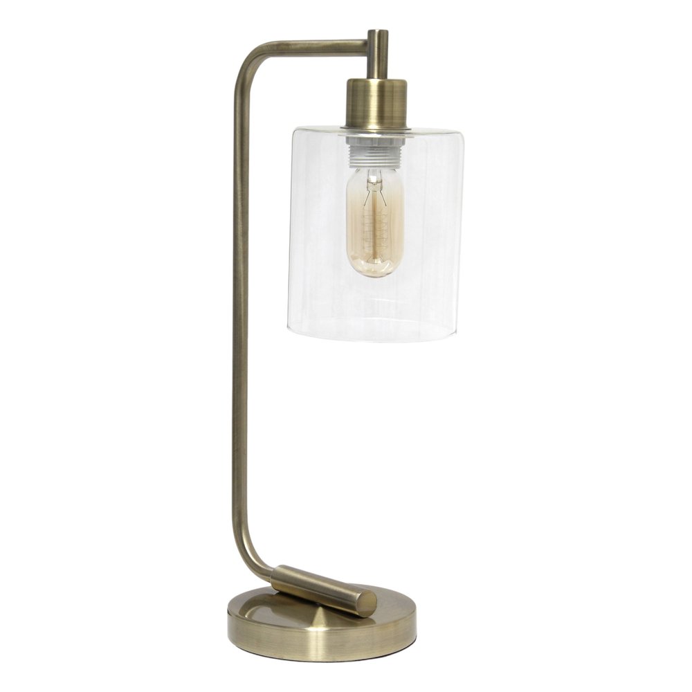 19" Antiqued Brass Metal Lantern Table Lamp With Clear Cylinder Shade