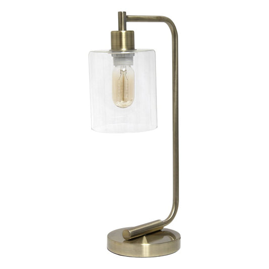19" Antiqued Brass Metal Lantern Table Lamp With Clear Cylinder Shade