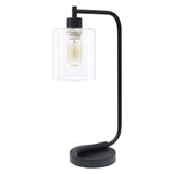 19" Black Metal Lantern Table Lamp With Clear Cylinder Shade